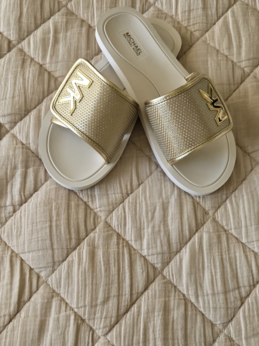 MICHAEL Michael Kors Gold and White Logo Slide Sandals